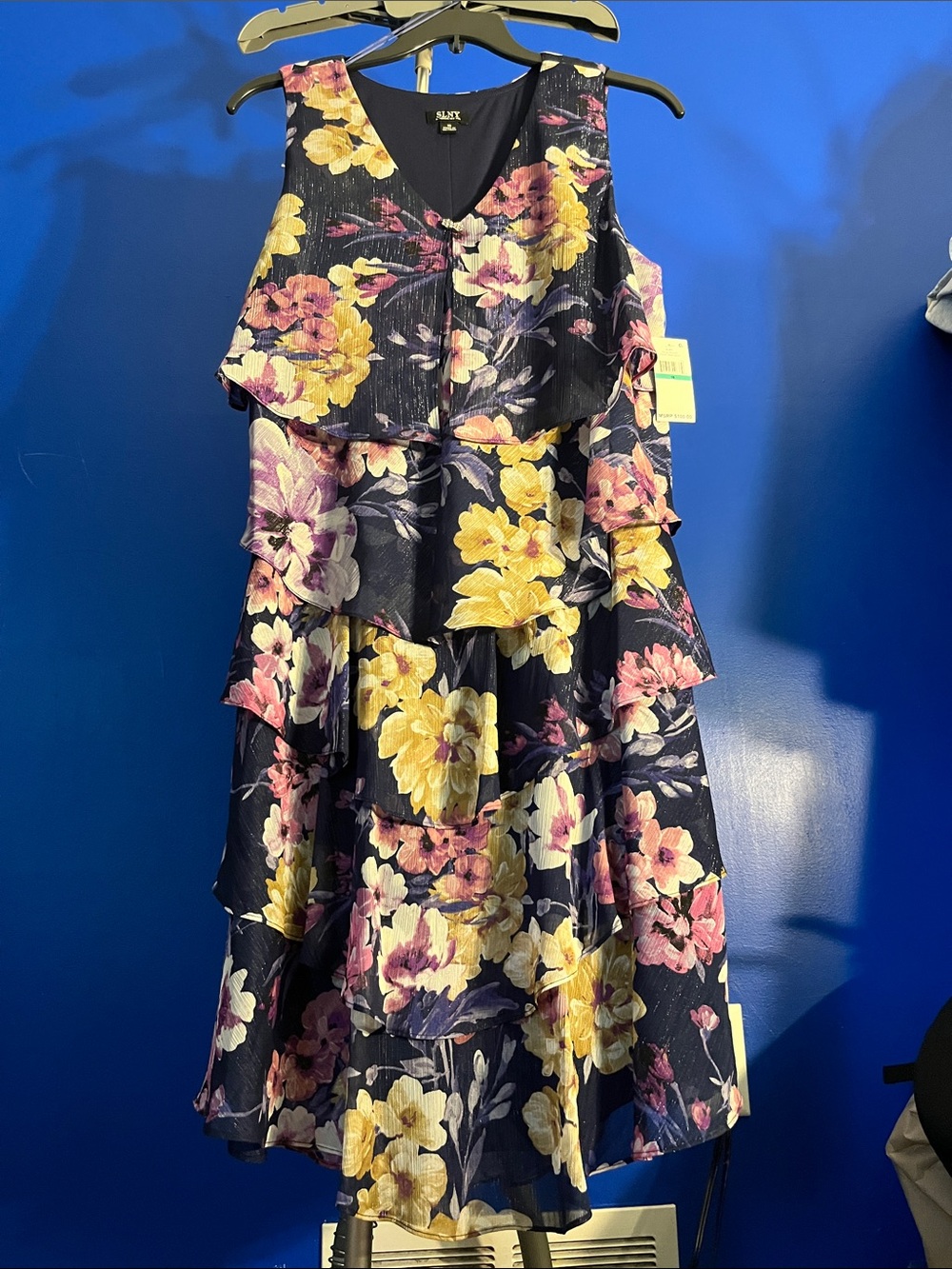 SLNY Navy Floral Tiered Ruffle Dress with Yellow & Pink Blooms